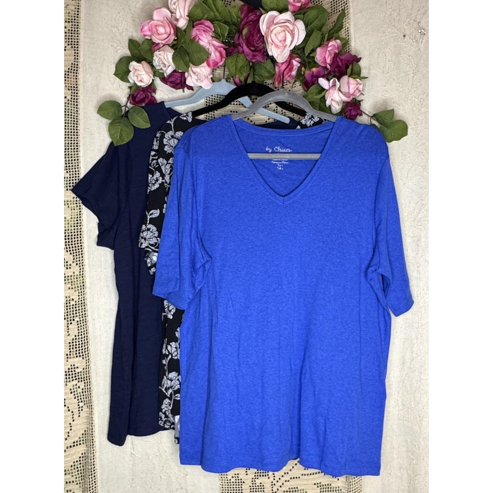 Chico's Shirts Womens XL Lot of 3 Navy Blue Floral V Neck Short Sleeve